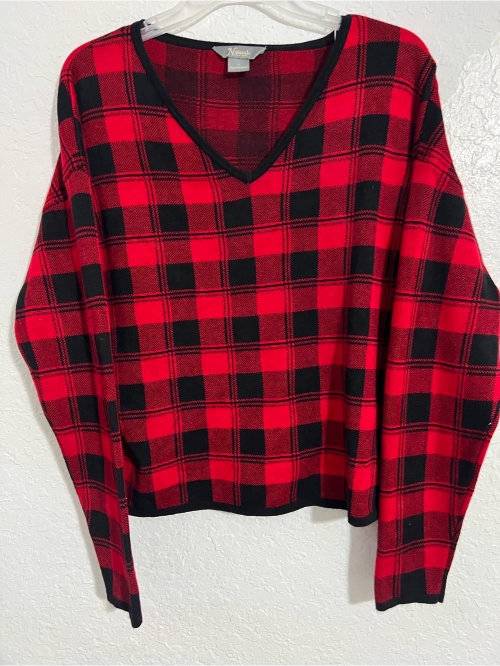 Natural Reflections V Neck S Buffalo Plaid Knit Lounge Sweater Women's Red #287